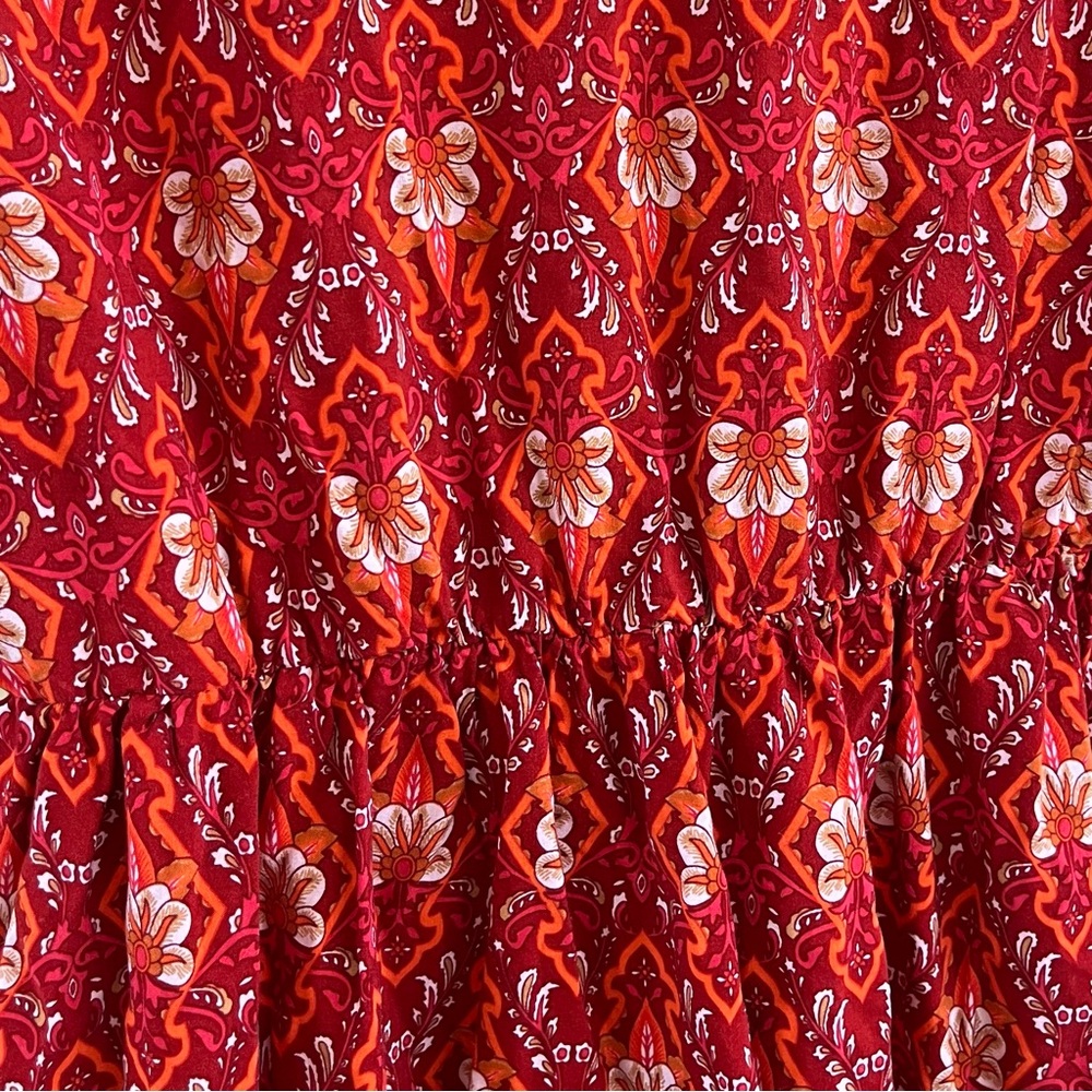 Brown Coco Boho Floral Paisley Faux Wrap Mini Dress 1XL Red Cottagecore Flare - Picture 6 of 11